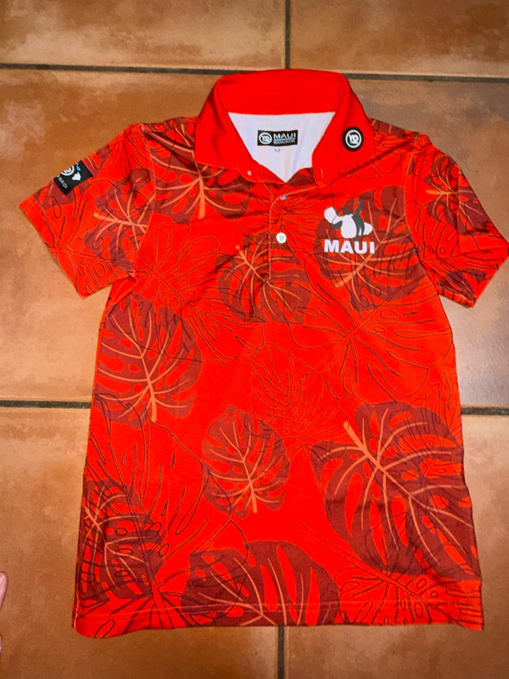 Maui Red Tropical Leaf Kids Polo
